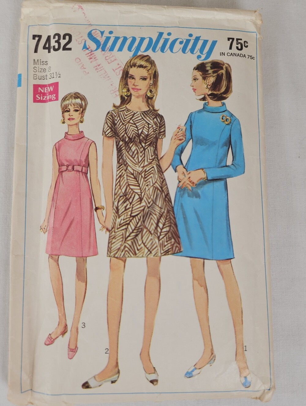 Vintage 1967 Simplicity 7432 Mod A-Line Dress Pattern Size 8 Complete